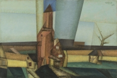 Lyonel Feininger, Der Pulverturm II (The Powder Tower II), 1934, Oil on canvas, 19 7/16 x 28 3/8 in. (49.4 x 72.1 cm), Signed and dated upper right: Feininger 1934, Inscribed and dated verso on stretcher: Lyonel Feininger 1934, Inscribed, dated and titled verso on label on stretcher: Lyonel Feininger 1934 “The Powder Tower”