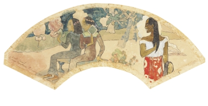 Paul Gauguin, Ta-Matete (The Market), 1892, Fan: watercolor, gouache, pen and ink, and graphite on cream wove paper, 5 ¾ x 18 1/8 in. (14.5 x 46 cm), John C. Whitehead Collection, until 2015